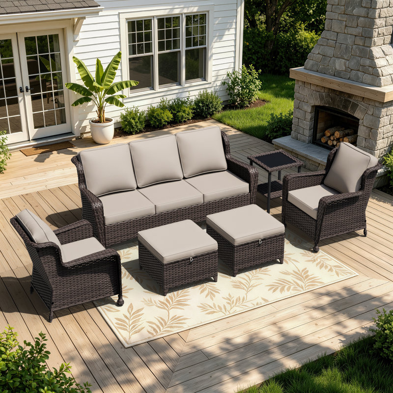 5-Person Patio PE Wicker Furniture Set with Side Table, 3-Seat Sofa, 2 Armchairs and 2 Ottomans with Beige Cushions, Beige