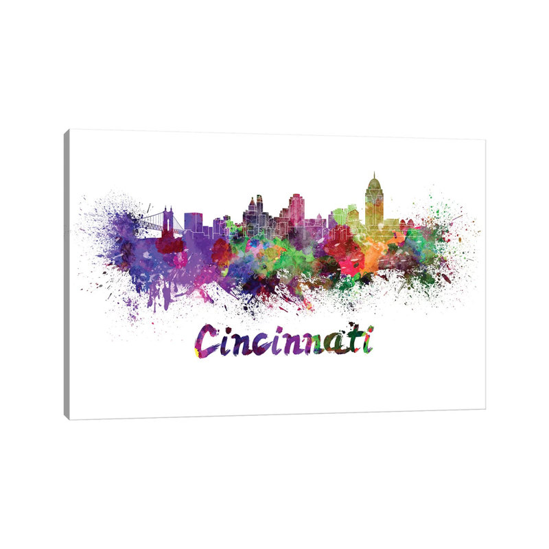 Cincinnati Skyline in Watercolour 1 Piece Wrapped Canvas Wall Art, 30.48cm H x 45.72cm W 1.9cm D