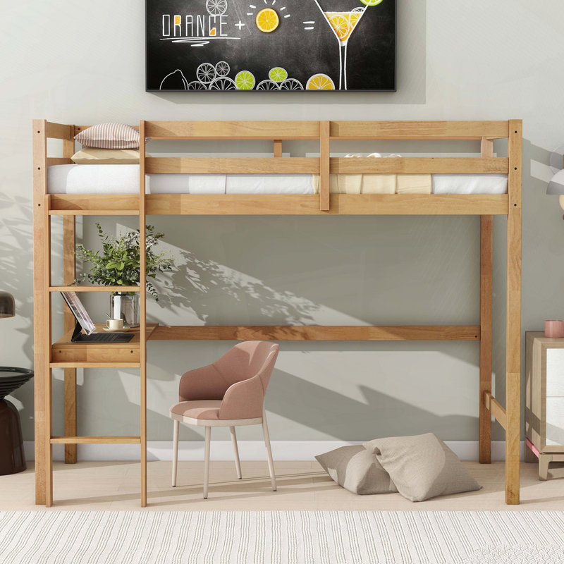 Twin Rubber Wood Loft Bed with Built-in Desk, White Oak