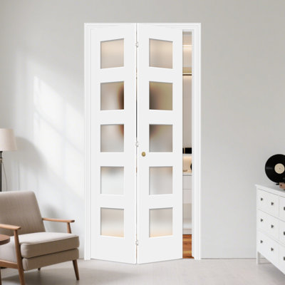 Porte pliante 5 panneaux en bois manufacturé et en verre givré avec quincaillerie d'installation
