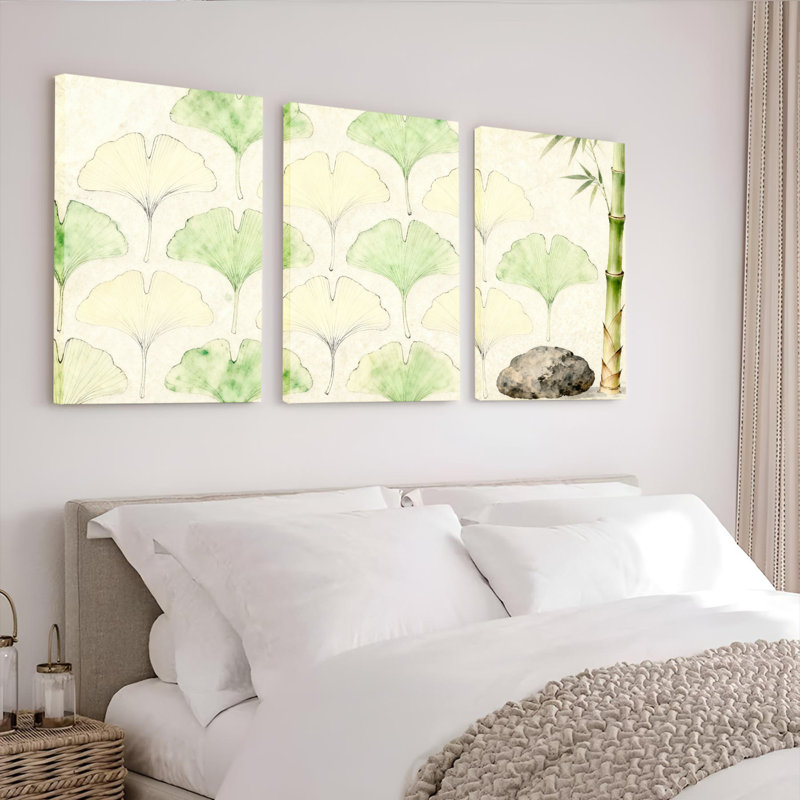 Feuille de ginkgo et bambou, aquarelle sur toile, impression d'inspiration asiatique (ensemble de 3), H 30 po x l 60 po