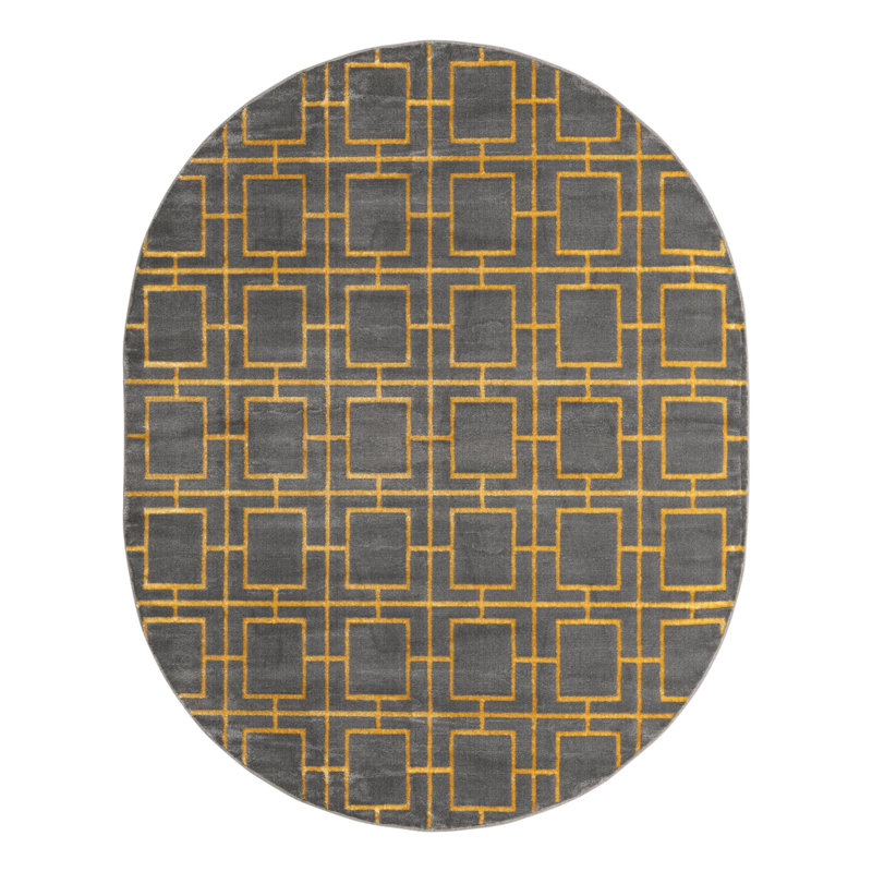 Glam Geometric Gray/Gold Area Rug, Oval 7'10" x 10'