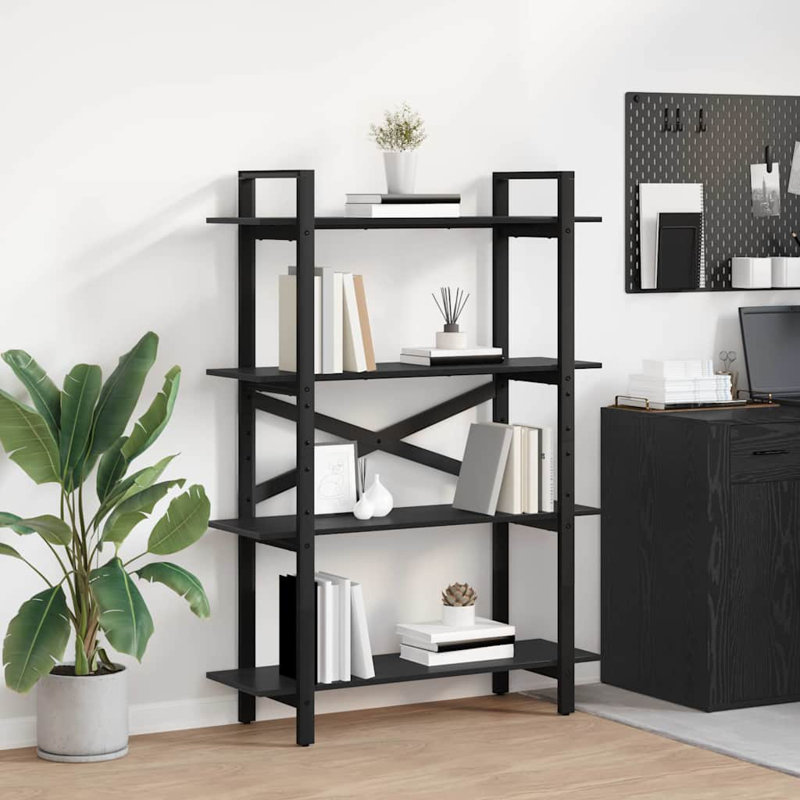 100 cm W Steel Etagere Bookcase, (4 Shelves) 140cm. H x 100cm. W x 33.5cm. D, Black Oak