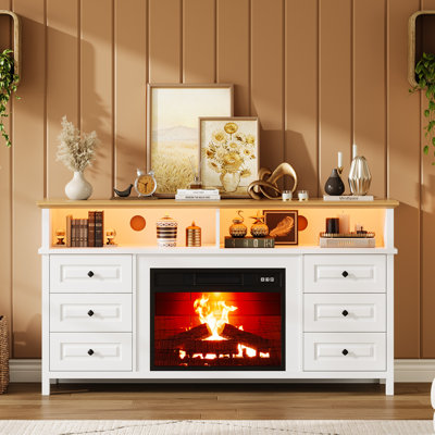 Meuble télé 60 po avec foyer électrique de 23 po, meuble audio-vidéo Farmhouse, console multimédia avec 6 tiroirs de rangement pour téléviseur de 65 po ou moins, meubles de salon - blanc