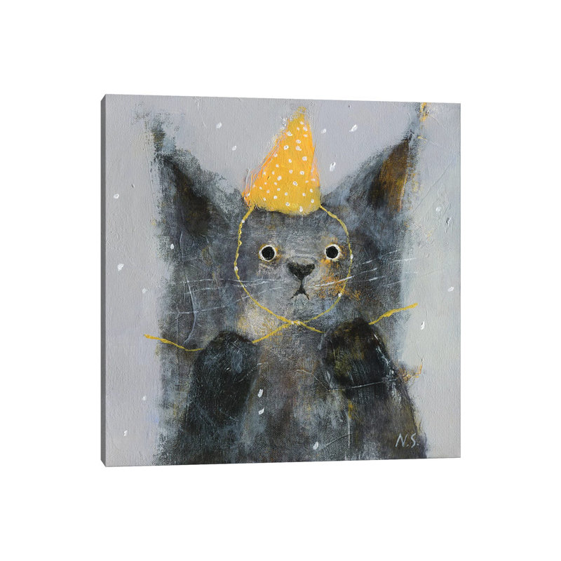 Sad Cat In Party Hat By Natalia Shaloshvili - Wrapped Canvas Painting - Wrapped Canvas Painting