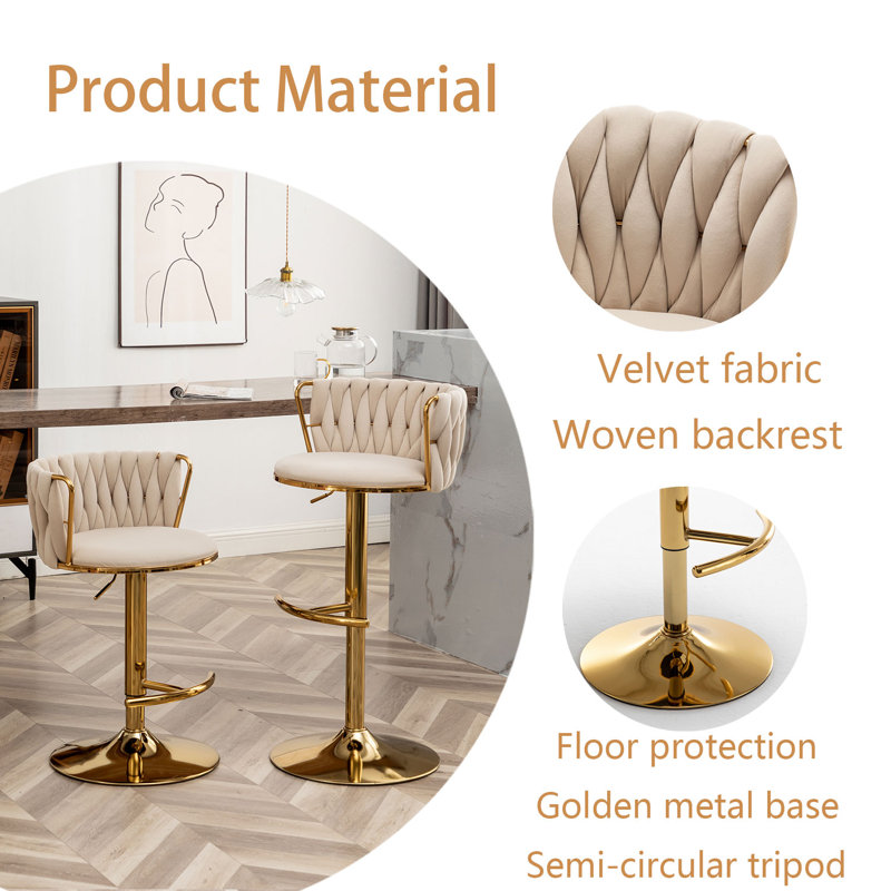 Velvet Bar Stools Set Of 3, Counter Height Bar Chairs With Low Back, Gold Swivel Bar Stools For Kitchen Island, Bar Pub, Gold