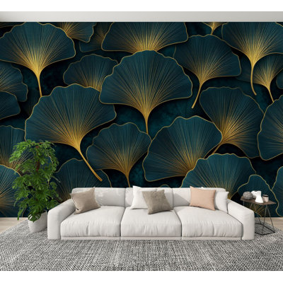 Vintage Peel and Stick Wallpaper Golden Ginkgo Leaves Deep Green Wall Murals 100"H x 144"W Removable PVC Wall Paper Self-Adhesive Wall Paintings Art Decor for Bedroom Living Room