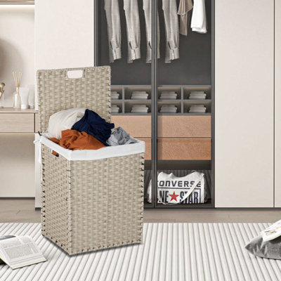 Lidded Laundry Hamper With Removable Bags, Pe Rattan Design, Powder-coated Frame For Clothes Storage