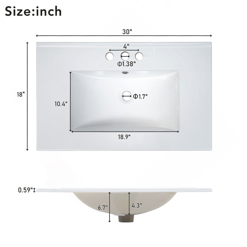 Meuble-lavabo de 30 po avec lavabo en céramique, porte à fermeture en douceur et tablettes réglables, Blanc