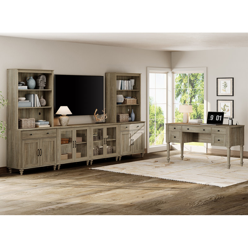 Living Room Table Set Farmhouse Style Desk And TV Stand Combo Set, 75" TV Entertainment Center With Bookshelves,Writing Desk For Home Office And Living Room, Wash Grey