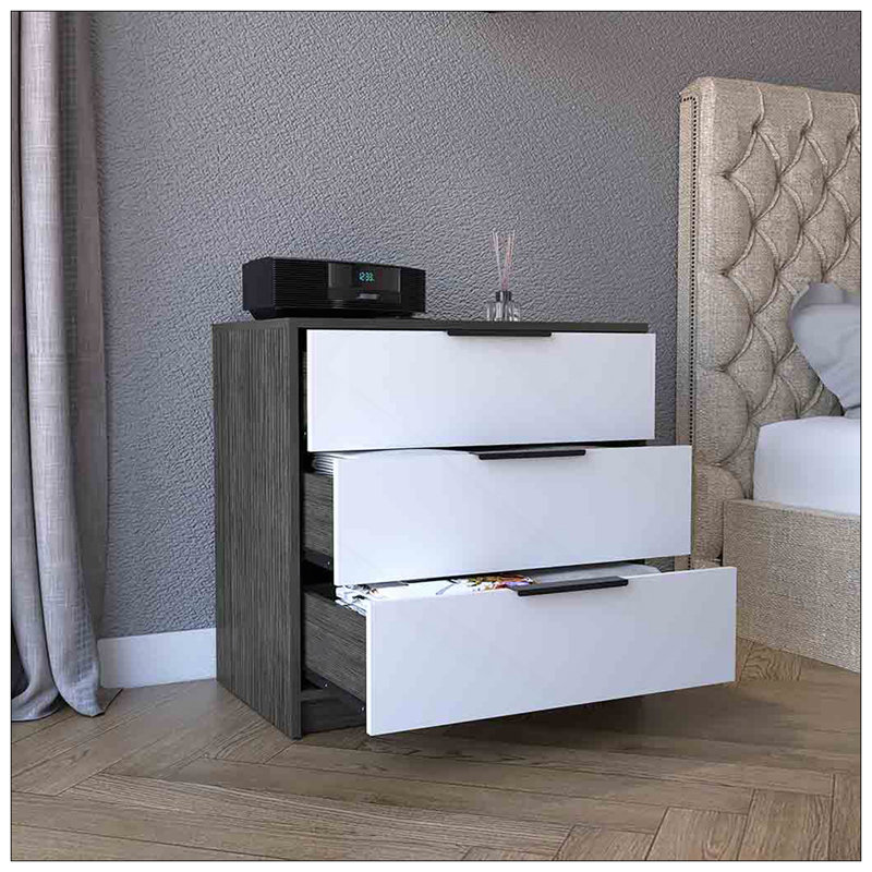 Commode 3 tiroirs Kaia, plateau supérieur, Blanc/Noir