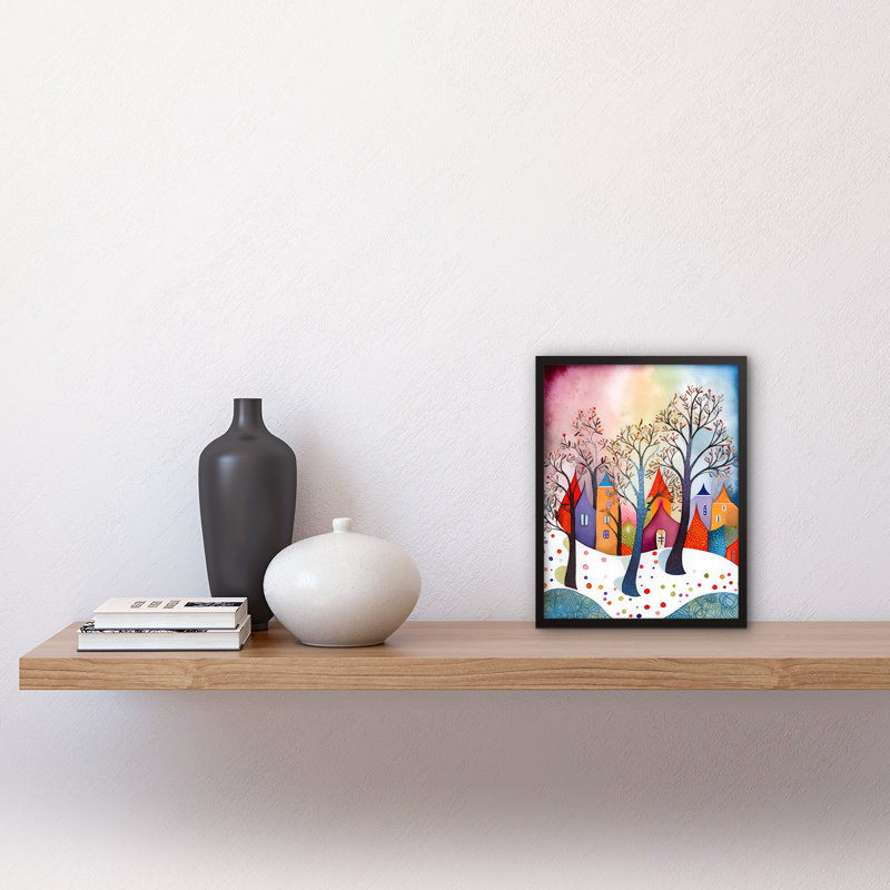 Winter Whimsy Forest Village Folk Art Artwork Framed Wall Art Print 9X7 Inch