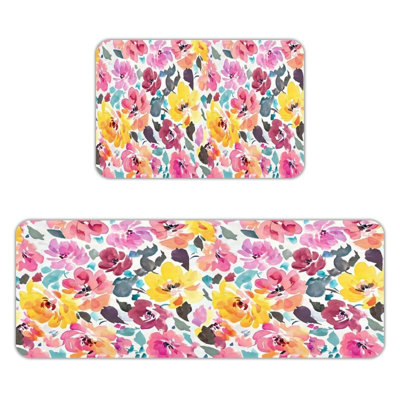 Ensemble de 2 tapis de cuisine à motif floral aquarelle multicolore