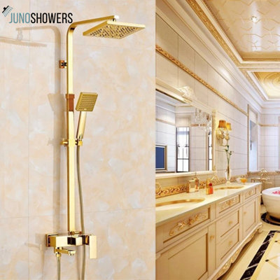 Juno Royal Luxury Water Rainfall Gold Wall 8 inch Shower & Hand Held Shower