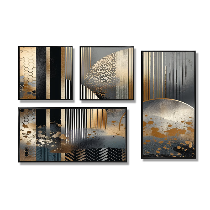 Formes et lignes abstraites marbre IV - art mural moderne 4 pièces, Noir, Impression encadrée sans passe-partout