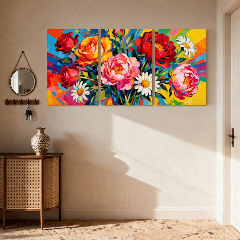 Plantes et fleurs, bouquet floral éclatant avec roses et marguerites, ensemble de 3 impressions sur toile, H 24 po x l 48 po