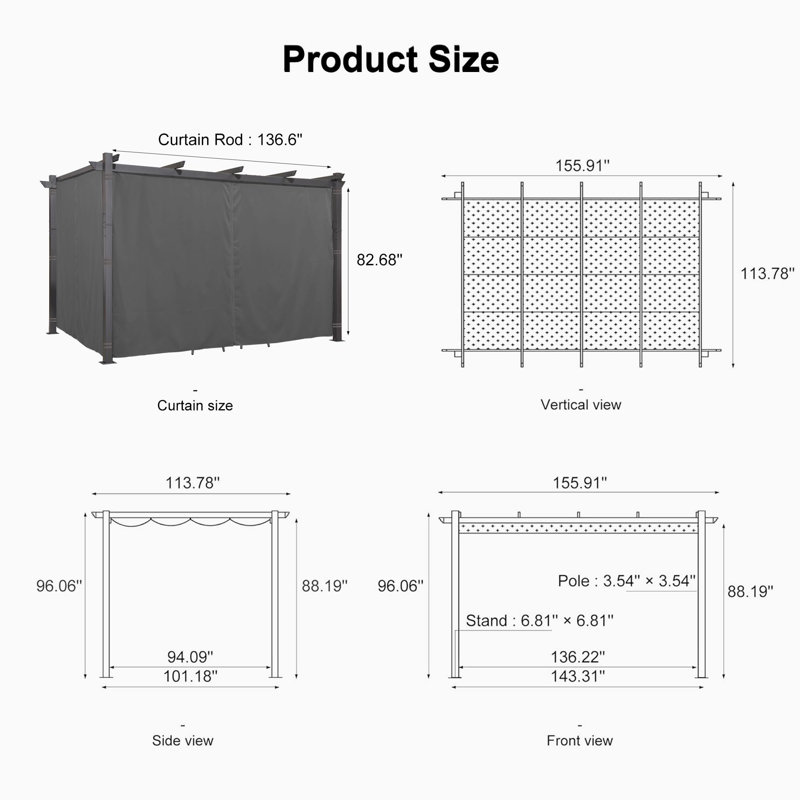 Outdoor Pergola With 4-sided Curtains Retractable Canopy Patio Aluminum Sun Shade For Garden Deck Porch Gazebo Pavilion Grill Modern Yard Grape Trellis Pergola