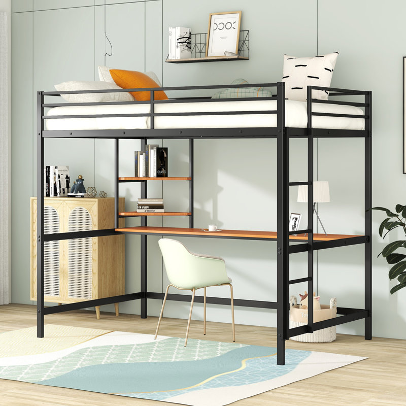 Lit mezzanine double en métal avec bureau et tablette, noir