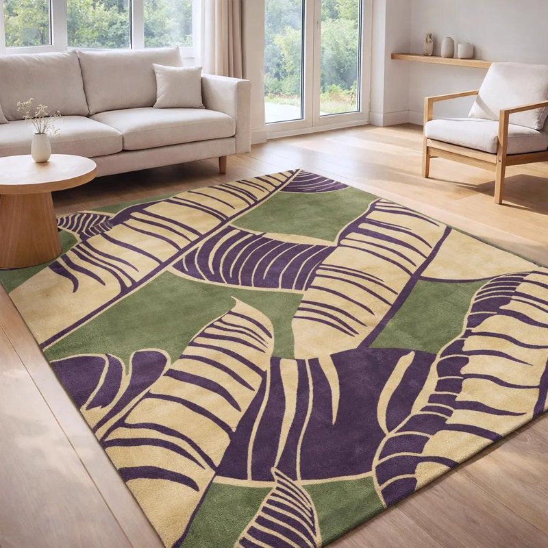 Alfred Shaheen Floral Handmade Tufted Wool Green/Purple/Beige Area Rug, Blue/Gray/Ivory, Rectangle 5' x 7'6"