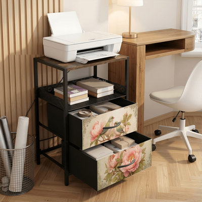 Table de chevet 2 tiroirs avec station de charge, table de chevet pour chambre avec ports USB et amp; Outlets, tablette ouverte noire, table de chevet avec oiseaux délicats perchés parmi de douces pivoines roses