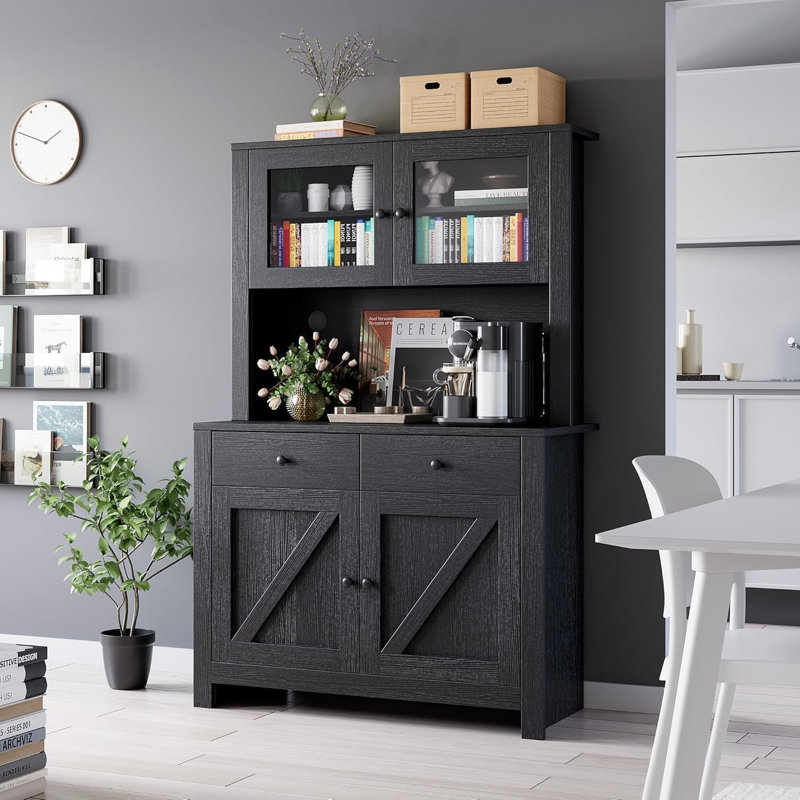 Garde-manger autoportant noir avec support à micro-ondes intégré et armoire de rangement spacieuse