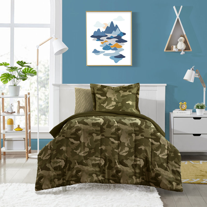 Dream Factory Geo Camo Comforter Set, Full Comforter +2 Pillowcases+2 Sheets+2 Shams, Green/Gray
