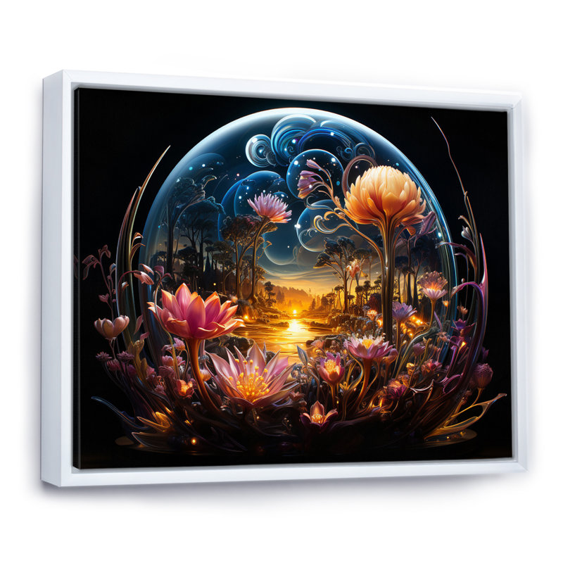 Ville de fleurs, paysages fantastiques sur toile, H 34 po x l 44 po, Cadre flottant blanc