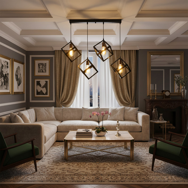 Modern Geometric 4-Light Kitchen Island Pendant With Open Cube Frames