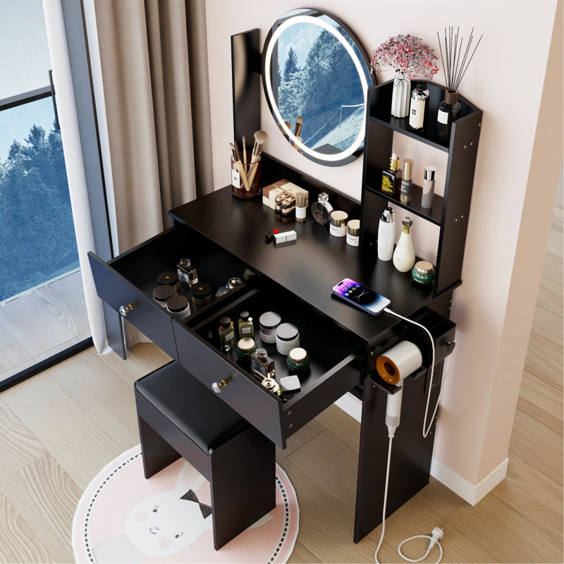 17" Round LED Mirror Vanity Table+Cushioned Stool, Equipped With 2 AC+2 USB Power Socket, Big Mirror, Touch Switch, 3 Colors, Adjustable Brightness, Large Desktop, Multi-layer High Capacity Storage