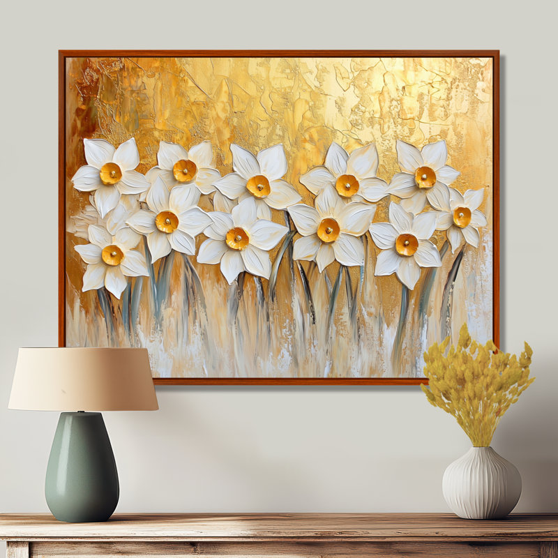 Golden Harmony Of Daffodils In Summer I - Daffodils Canvas Print, 16" H x 32" W, Floater Framed Print, Brown