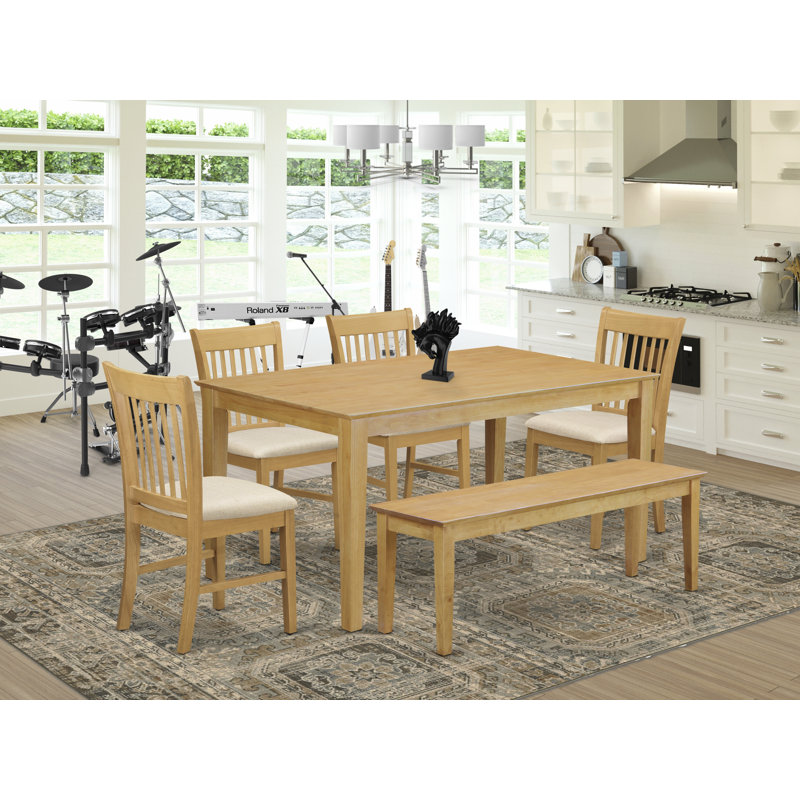 6 Piece Kitchen Table & Chairs Set Contains a Rectangle Dining Room Table and 4 Linen Fabric Dining Chairs with a Bench, 36x60 Inch, Oak