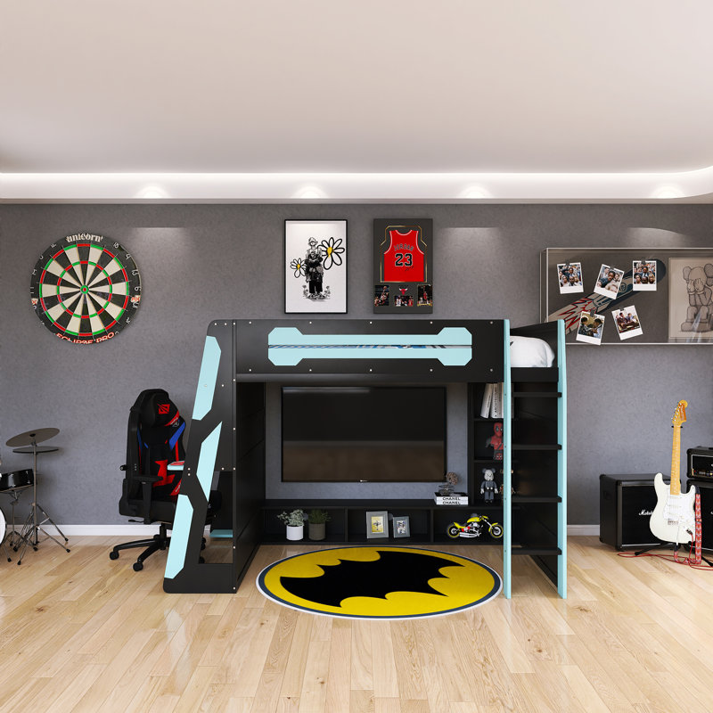 Wood Frame Full Size Loft Bed With Desk, Multi-Storage Shelves And RGB Light, Black/Cloud Blue