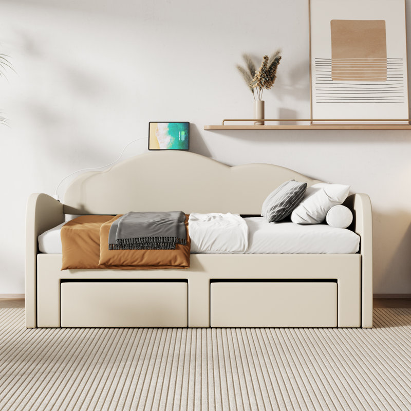 Lit de jour rembourré avec dossier en forme de nuage, lit gigogne, Beige
