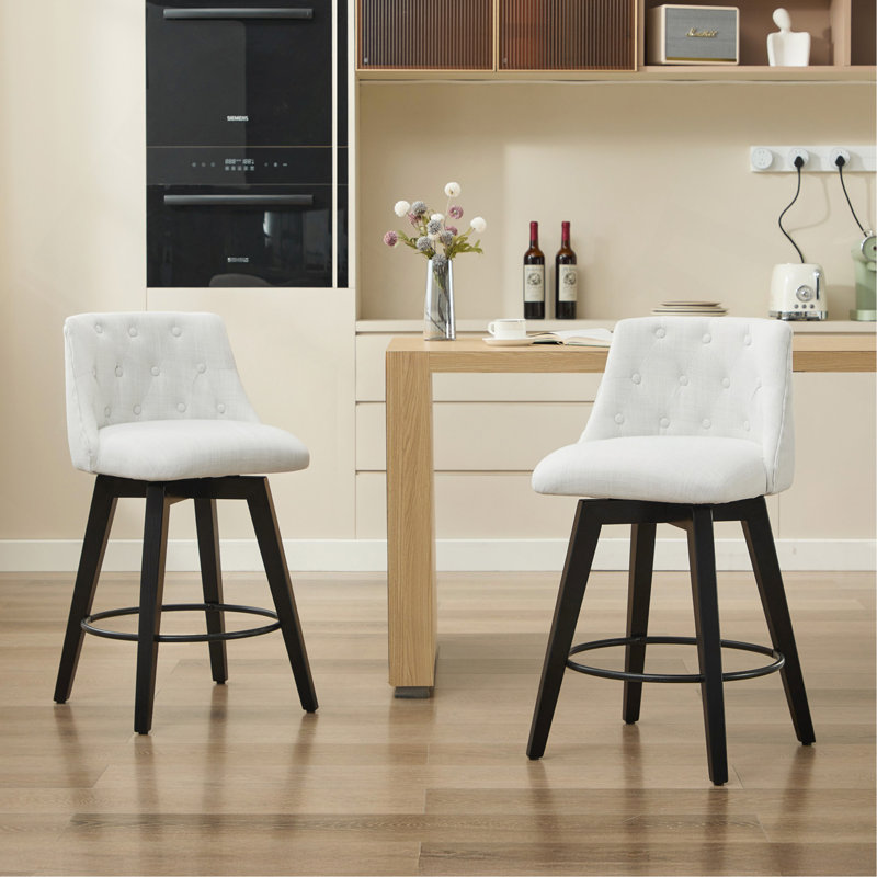 Ensemble de 2 tabourets de bar pivotants de 25 po de hauteur moderne avec revêtement en lin et dossier capitonné, tabourets de bar à cadre en bois massif pour îlot de cuisine, bar à déjeuner ou pub à domicile, assemblage facile