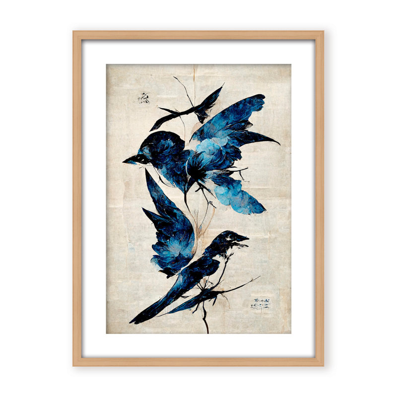 Nature Inspired Blue Birds, 30" H x 24" W x 1.125" D, Framed Matted Print, White