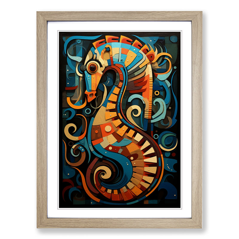 Seahorse Constructivism - Single Picture Frame Print on Wood, 46cm H x 34cm W x 2cm D, Oak