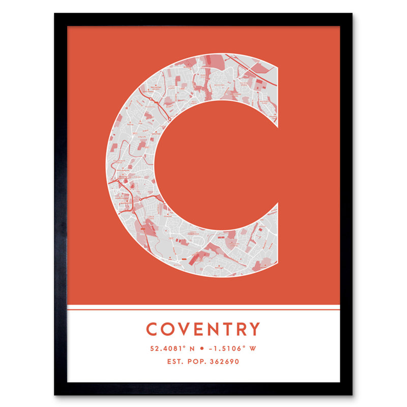 Coventry England United Kingdom City Map Orange 1 Piece Single Picture Frame Wall Art