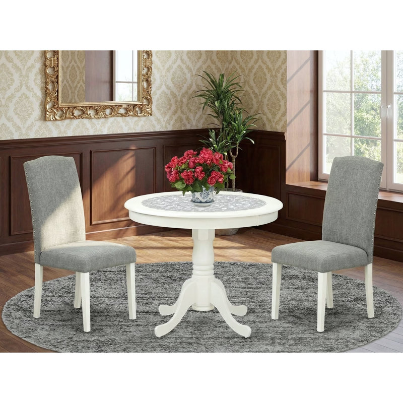 L'ensemble de table de cuisine 3 pièces comprend une table de salle à manger ronde avec piédestal et 2 chaises de salle à manger Parson en lin Shitake foncé, lin blanc