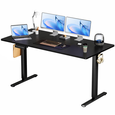  Electric Adjustable Rectangle Desk With 2-Hooks, Wire Hole For Work Without Drawer, 
