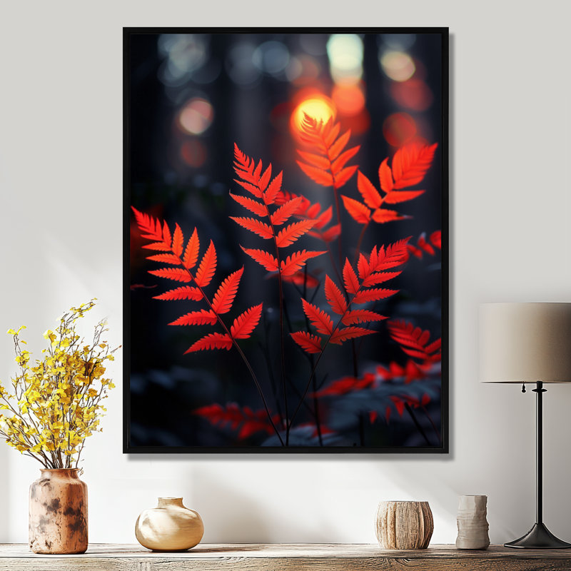 Décoration murale Fougères rouges et noires Glow F II - fougères, Toile avec cadre flottant noir, H 32 po x l 16 po x P 1 po