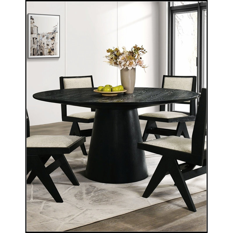 Table de salle à manger ronde moderne noire avec base en piédestal en forme de cône pour des salles à manger compactes et élégantes