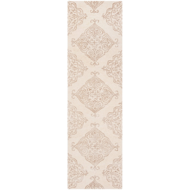 Bernon Hand Tufted Viscose/Wool Damask Rug in Ivory, Runner 2'3" x 8'