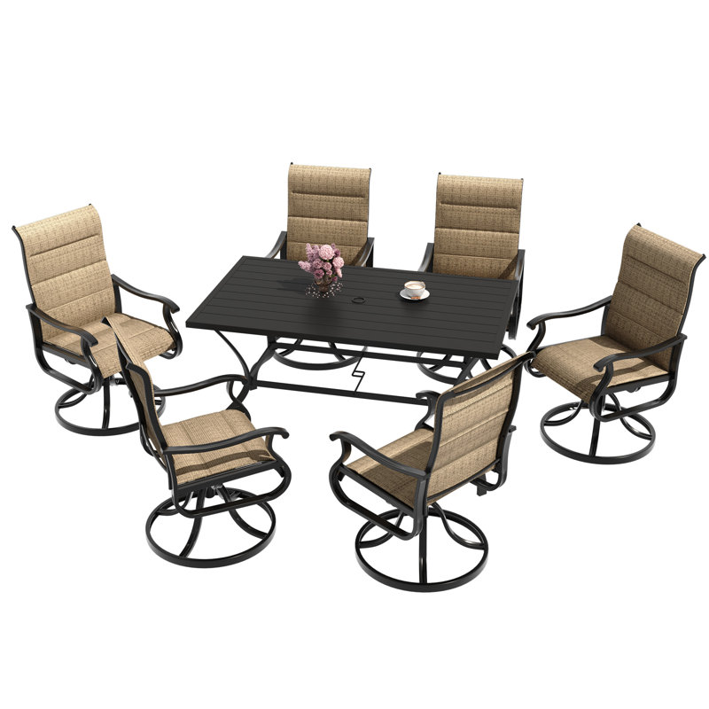 6 - Person Padded Swivel Rocking Outdoor Dining Set With Rectangular Metal Table, Brown