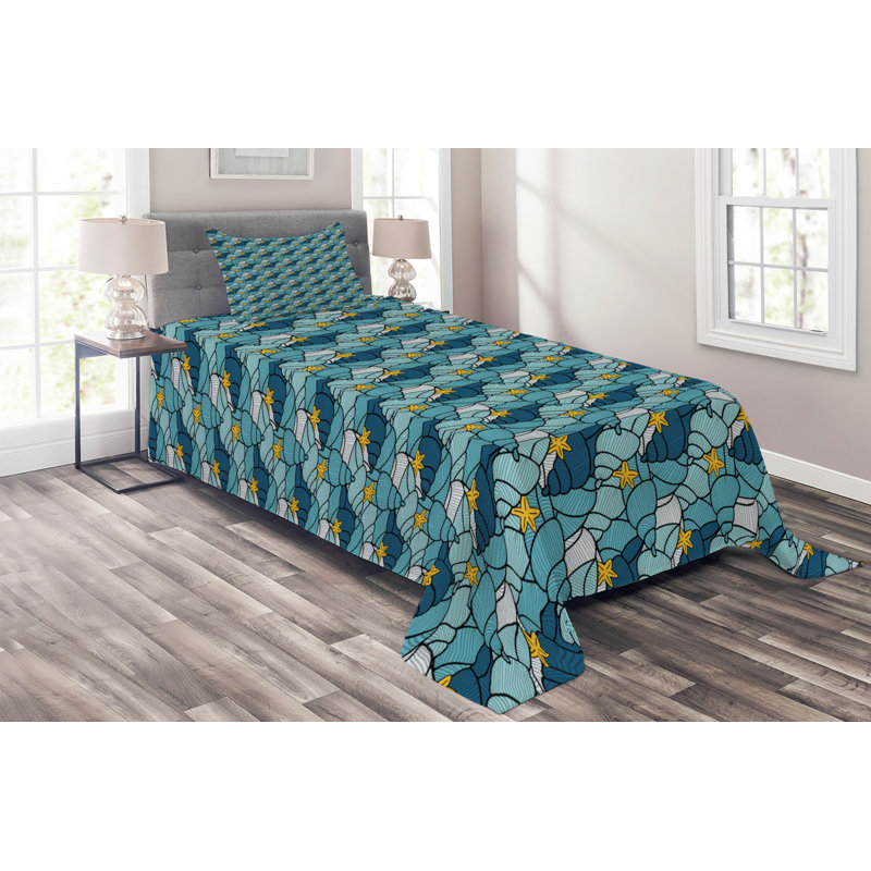 Seashells Coastal Polyester Coverlet, Twin Bedspread + 1 Sham
