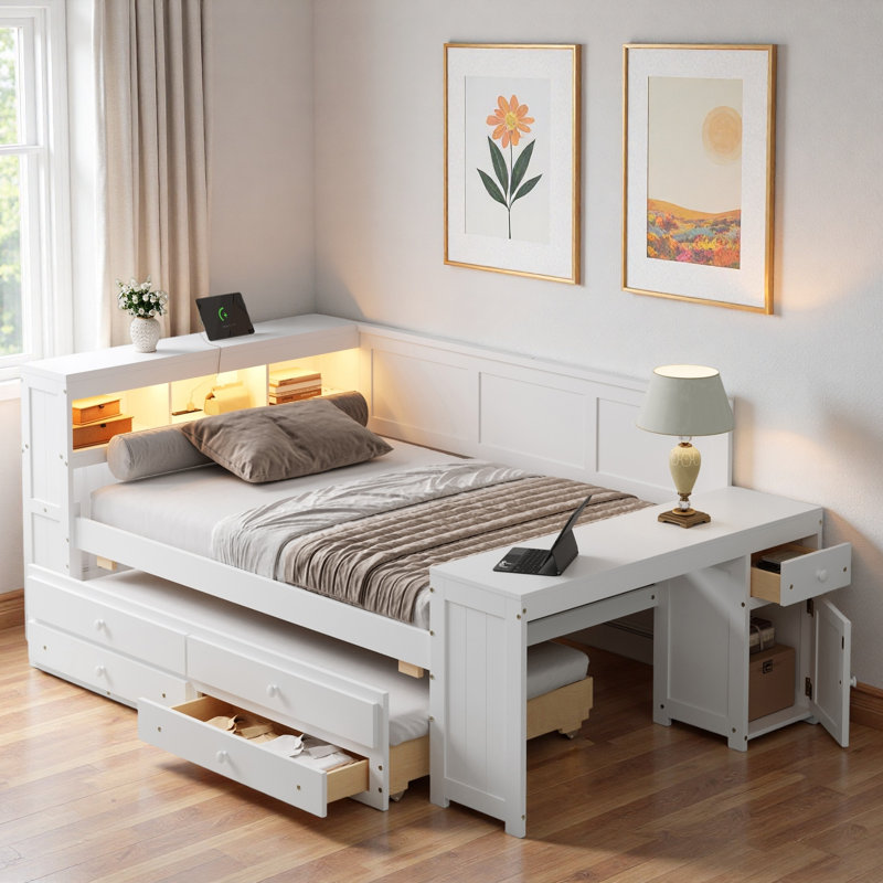 Modern Daybed With Storage Shelves, Drawers, Trundle, Charging Station, Led Light, Desk And Cabinet, White