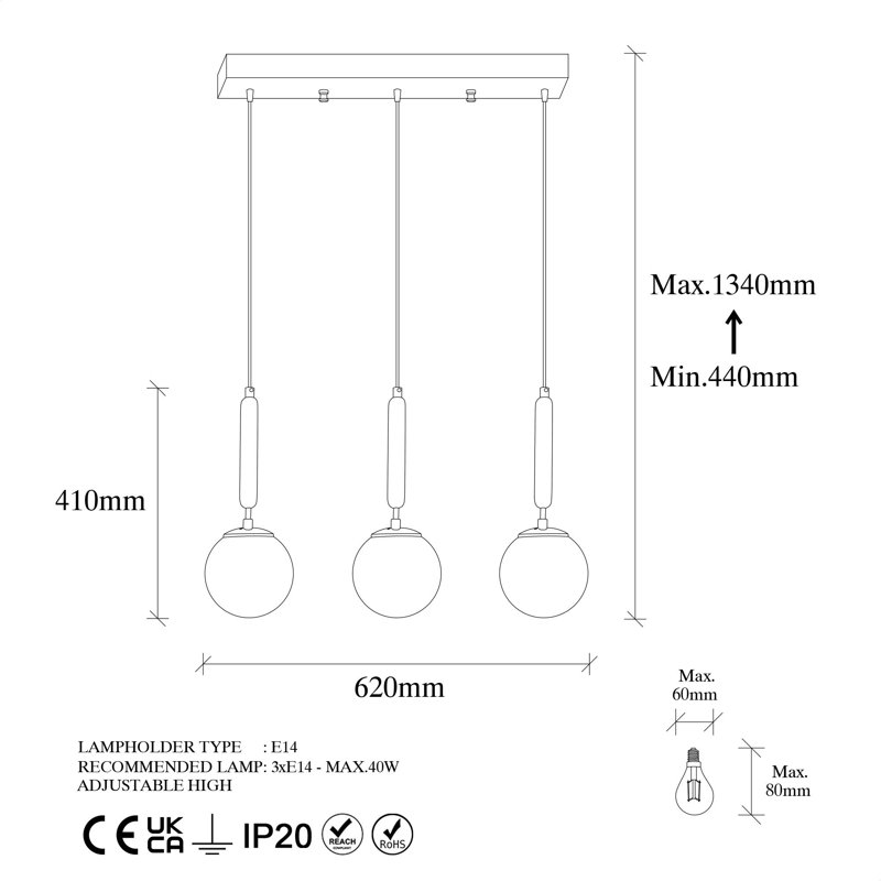 Luminaire suspendu pour îlot de cuisine 3 lumières