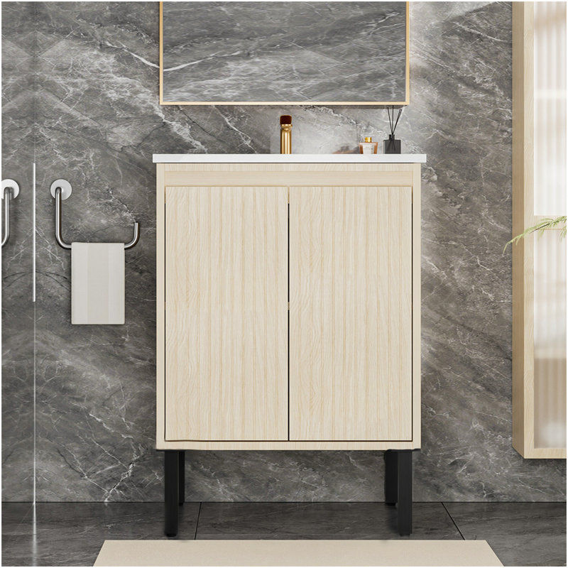 24 Inch Bathroom Vanity With Sink,  Floor - Standing Structure For Stability, Soft - Closing Doors For Noiseless Operation, Sleek Oak Finish For Modern Aesthetic(White Sink)