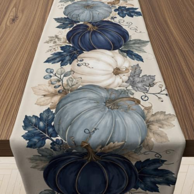 Chemin d'automne - Chemin de table citrouille bleu et blanc | Décorations de l'Action de grâce