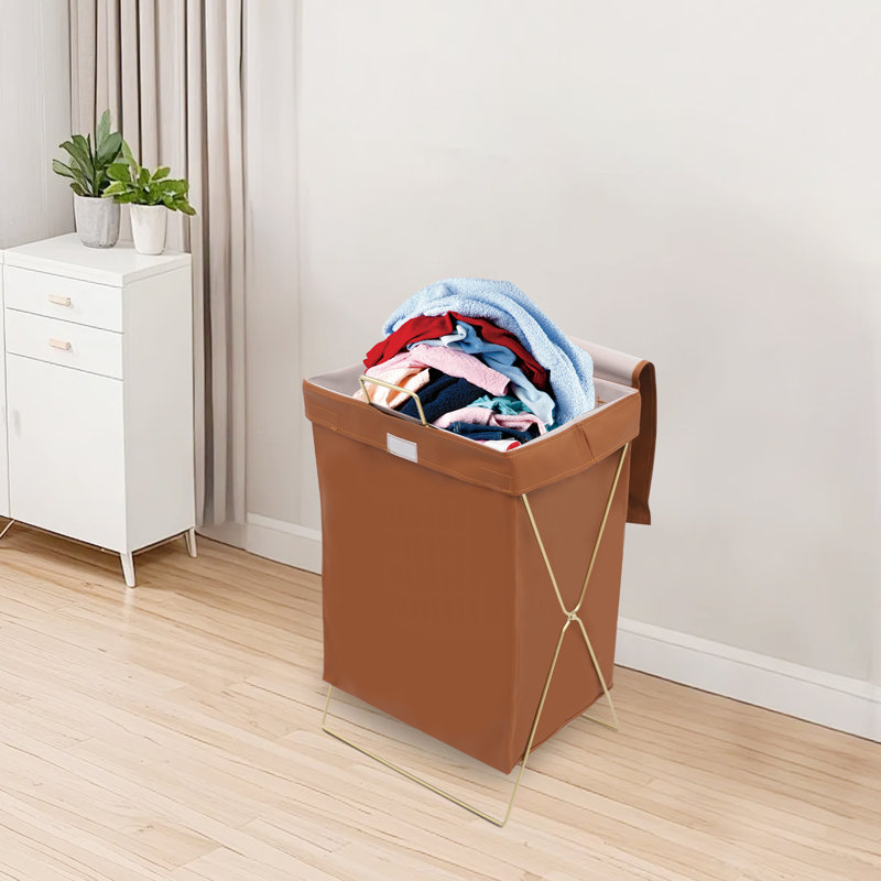 Organisateur de paniers à linge pliable avec cadre en X pour cendrier et poignées pour salle de bain, Brun + or