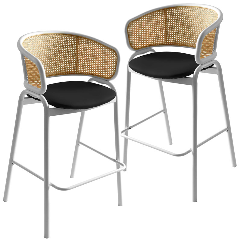 Tabouret de bar en cuir Daishun avec base en acier inoxydable thermolaqué blanc et dossier en osier incurvé, Noir, 2